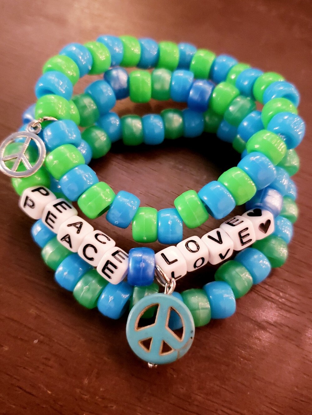Handmade Blue Green Peace Love Stackable Kandi Bracelets